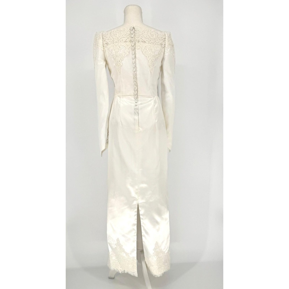 Vintage 90s Satin Lace Wedding Dress S Off Shoulder Long Sleeve Minimalist - Picture 3 of 15